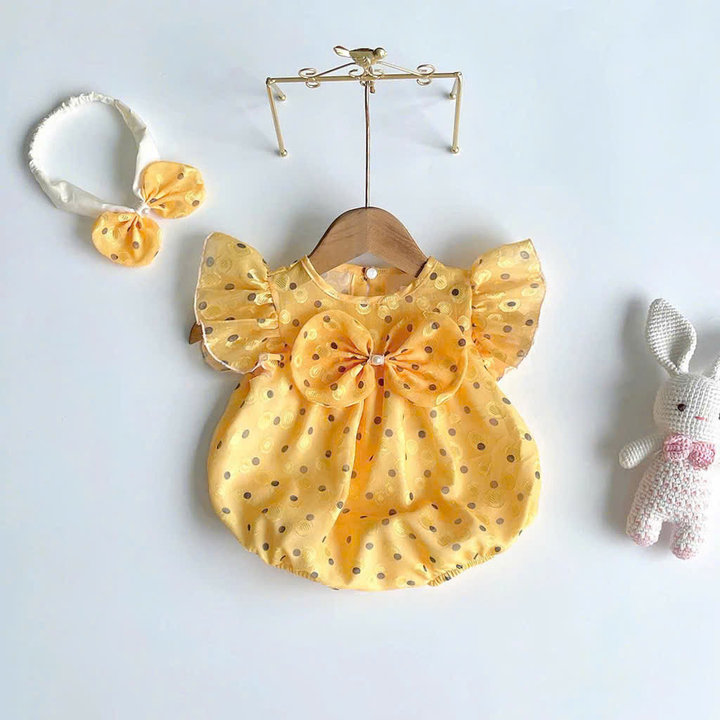 Set Body Chấm Bi đính Nơ Màu Vàng Cho Bé Gái Sơ Sinh 1 2 Tuổi