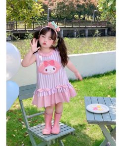 Váy đuôi Cá Sọc Sát Nách Họa Tiết Melody Hồng Cho Bé Gái 1 – 5 Tuổi