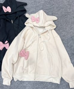 áo Khoác Hoodie Nỉ Nữ Phối Khóa Kéo Thiết Kế Nơ Tai Thỏ – Htm Fashion