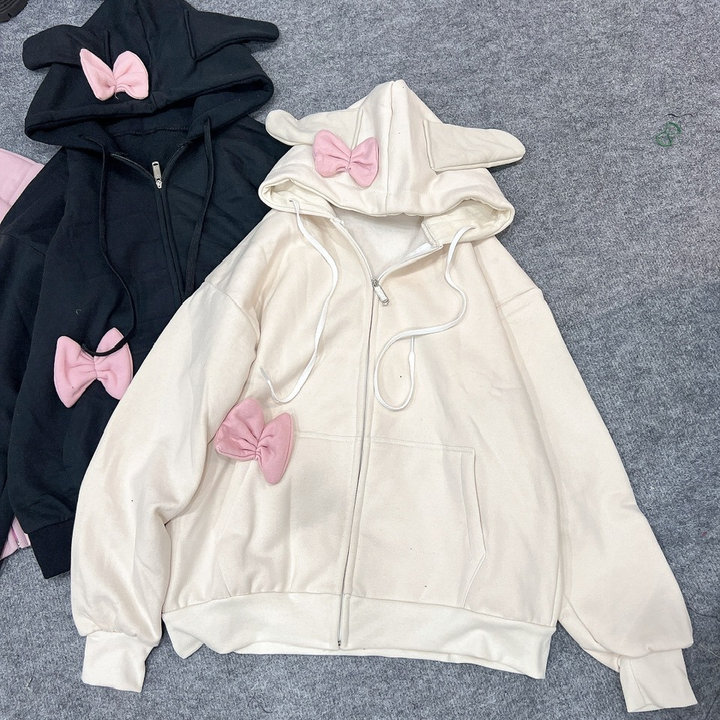 áo Khoác Hoodie Nỉ Nữ Phối Khóa Kéo Thiết Kế Nơ Tai Thỏ – Htm Fashion