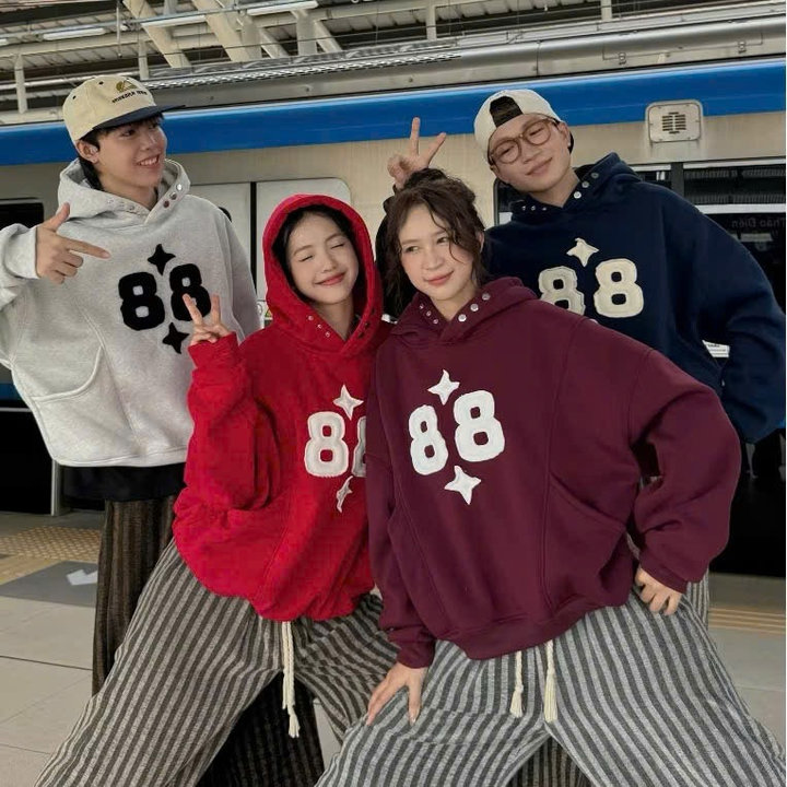áo Hoodie Nam Nữ Thêu Nổi Số 88 Nón Có Nút Bấm Dày Mịn – Htm Fashion