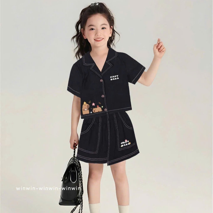 Set Vest Bé Gái In Hình Caybara Từ 12-45kg Kèm Chân Váy Lệch Tà đáng Yêu Cho Bé Gái