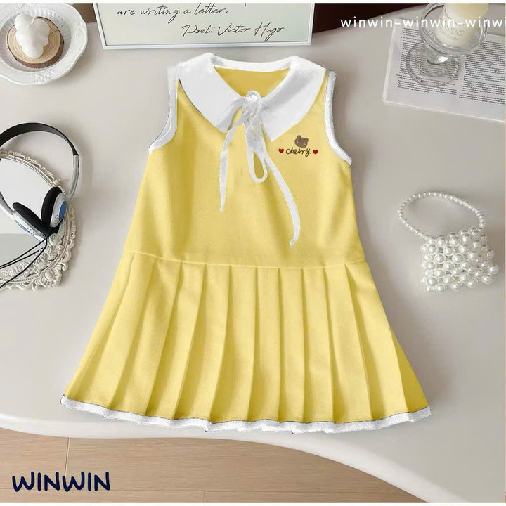 đầm Thun Bé Gái Sát Nách Cổ Sen Xếp Ly In Gấu Cherry Dễ Thương Từ 12-36kg Cho Bé Gái