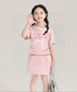 Set Váy Bé Gái áo Thun Dây Rút đính Nơ Kèm Chân Váy Chữ A Từ 12-45kg Dành Cho Bé Gái