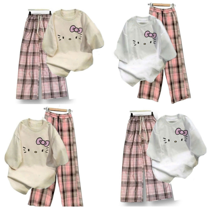 Tổng Hợp Các Sét Bộ Quần Suông Cạp Cao + Mix áo Phông Form Rộng Unisex – Hình Mèo Từ Chất Liệu Cotton Và Da Cá Siêu đẹp