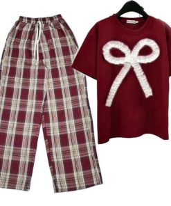 [ Rẻ Vô địch ] Tổng Hợp Các Sét Bộ Quần ống Rộng Kẻ Caro + Mix áo Phông Form Rộng Thêu Hình Nơ Dúm