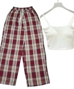 Sét Bộ đồ Quần ống Rộng Kẻ Caro đỏ + Mix áo 2 Dây Bún Chất Tăm Lạnh