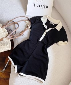 Jumpsuit Thun Gân Trơn Phối Viền Trắng Cổ Cao Tay Lỡ – Ausa House