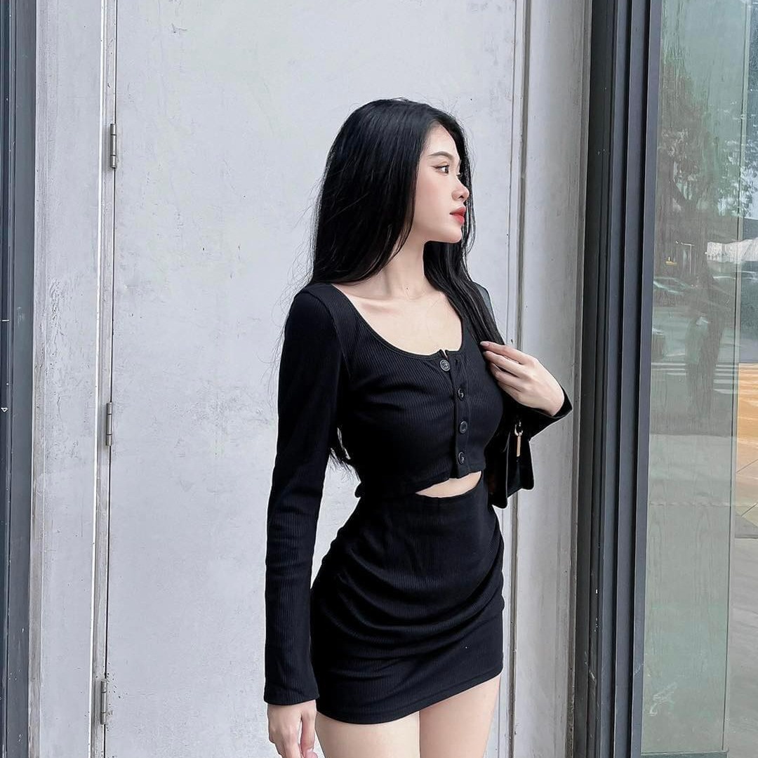 Set Bộ đồ Nữ áo Crotop Tay Dài Phối Váy Thun Gân Sa161 – Sam Store